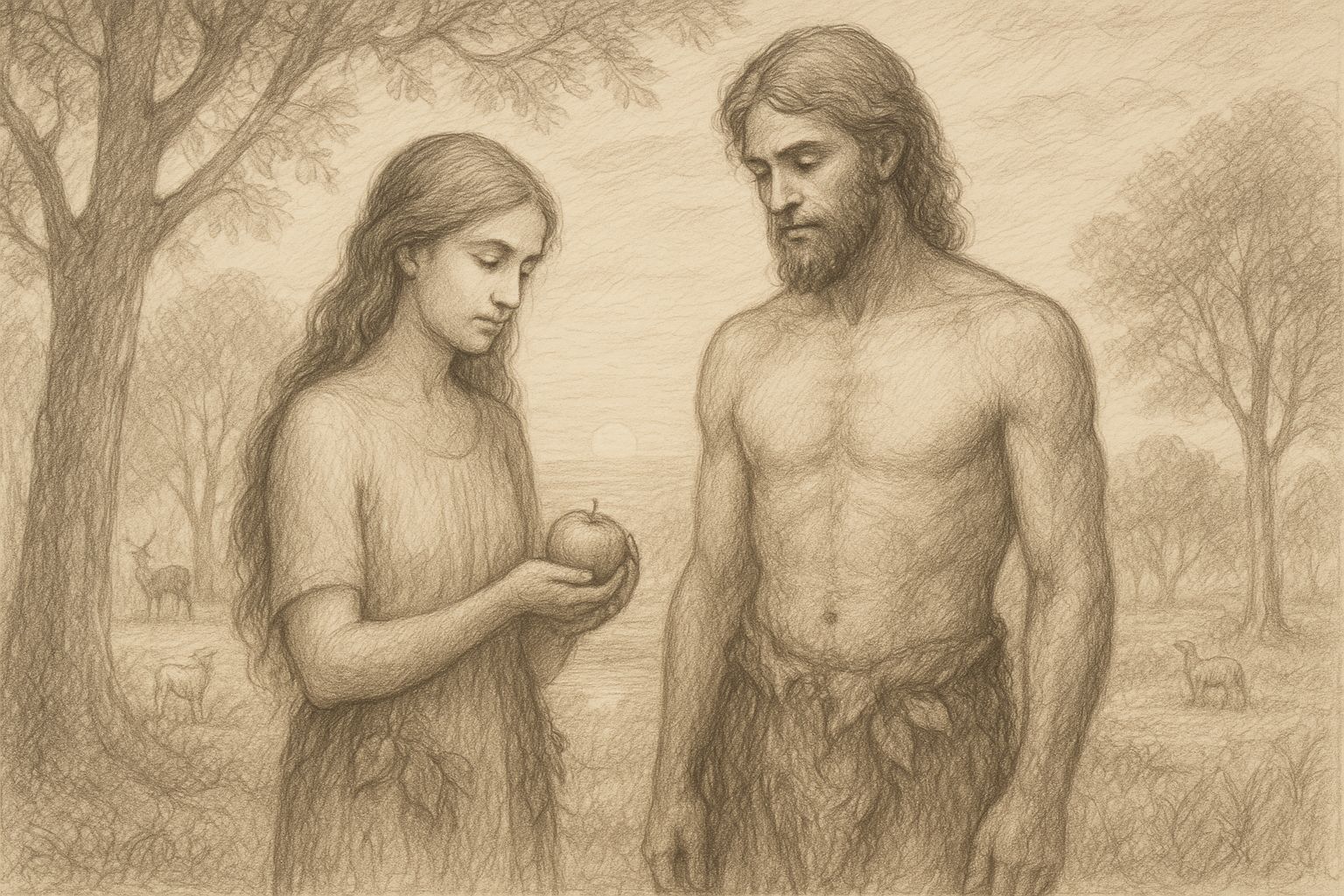 Sketch style illustration of Adam and Eve in the Garden of Eden, symbolizing the beginning of the human family