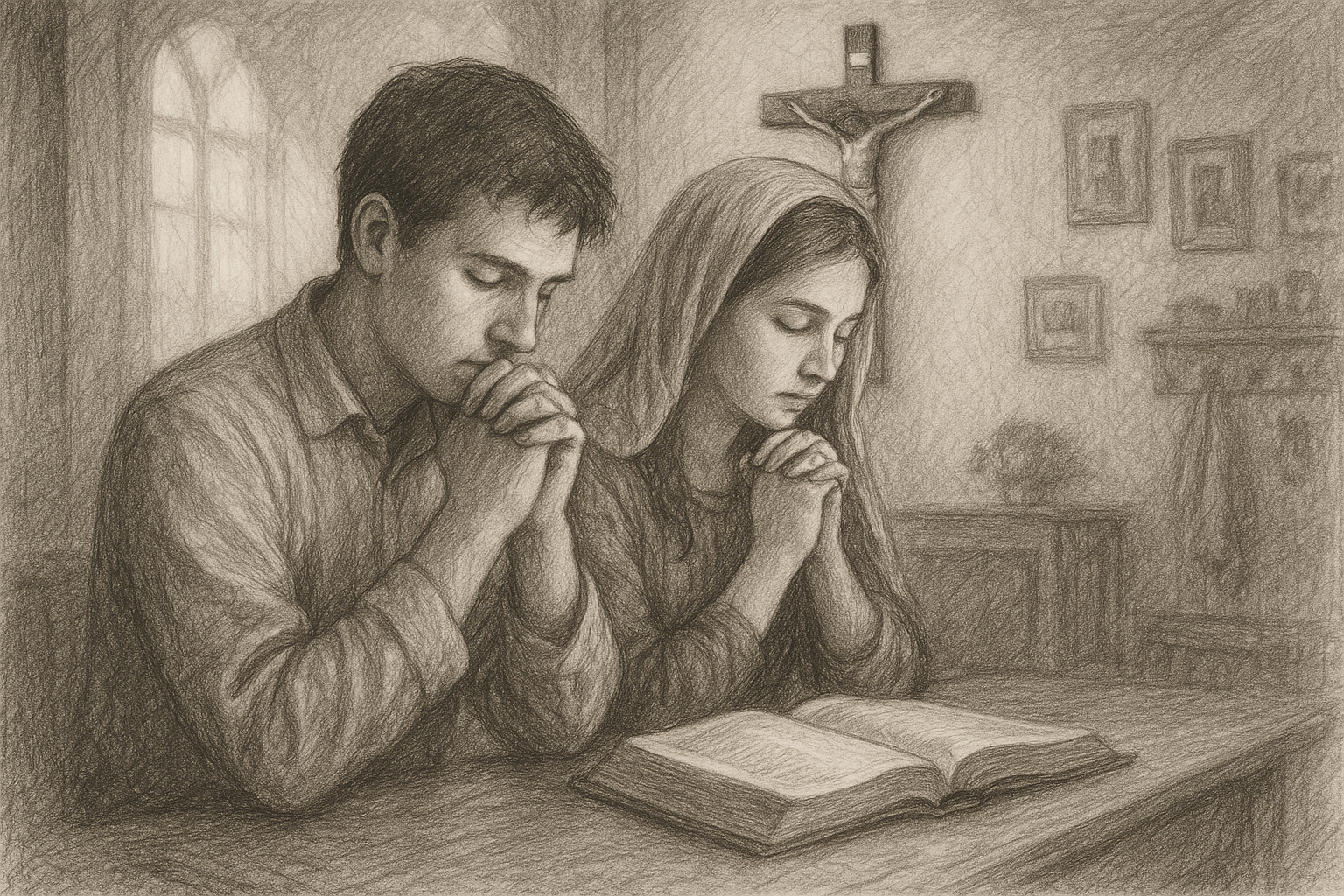 A young Catholic man and woman praying quietly while discerning God's call