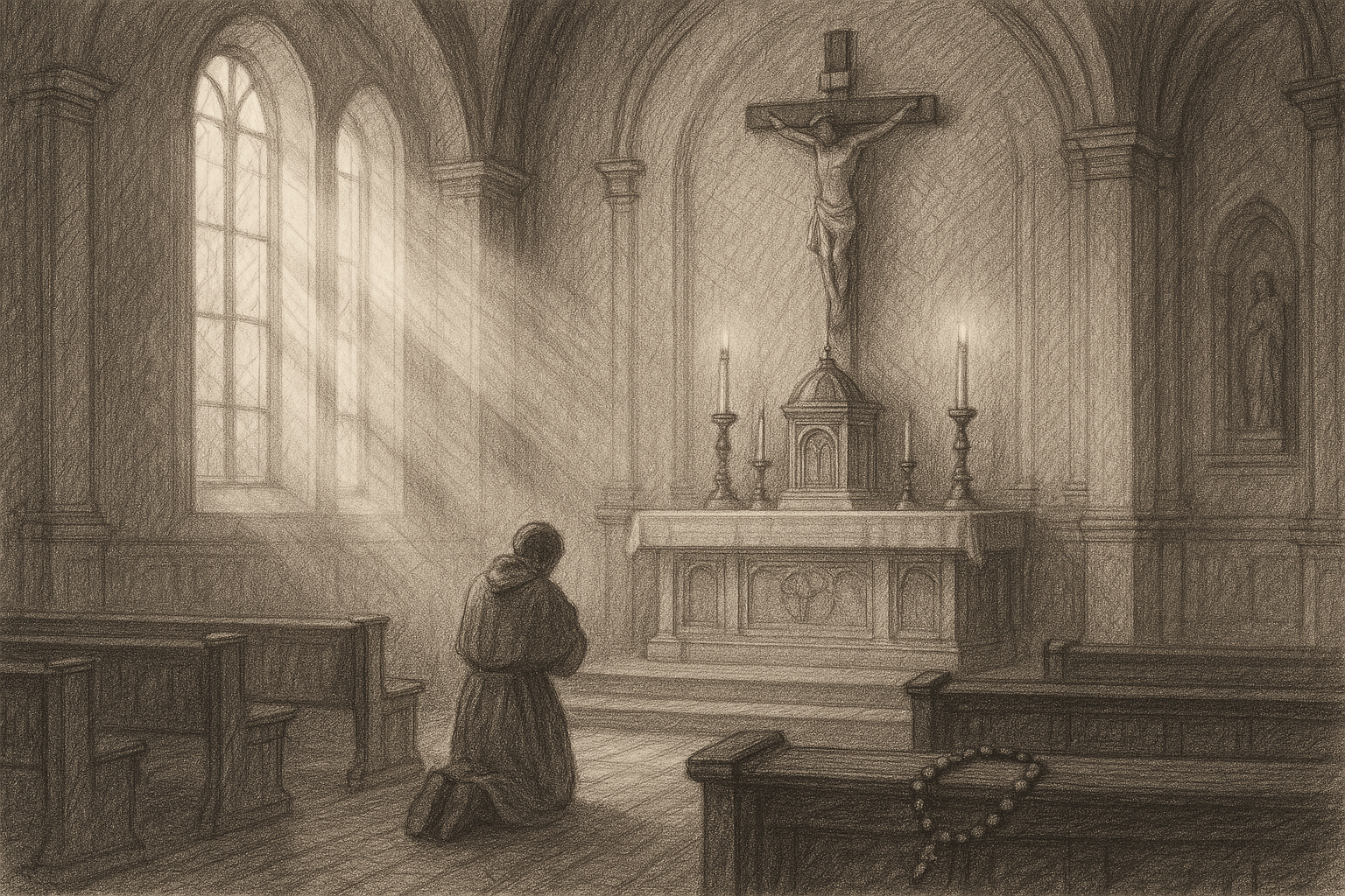 A kneeling Catholic in silent prayer before the tabernacle in a quiet chapel