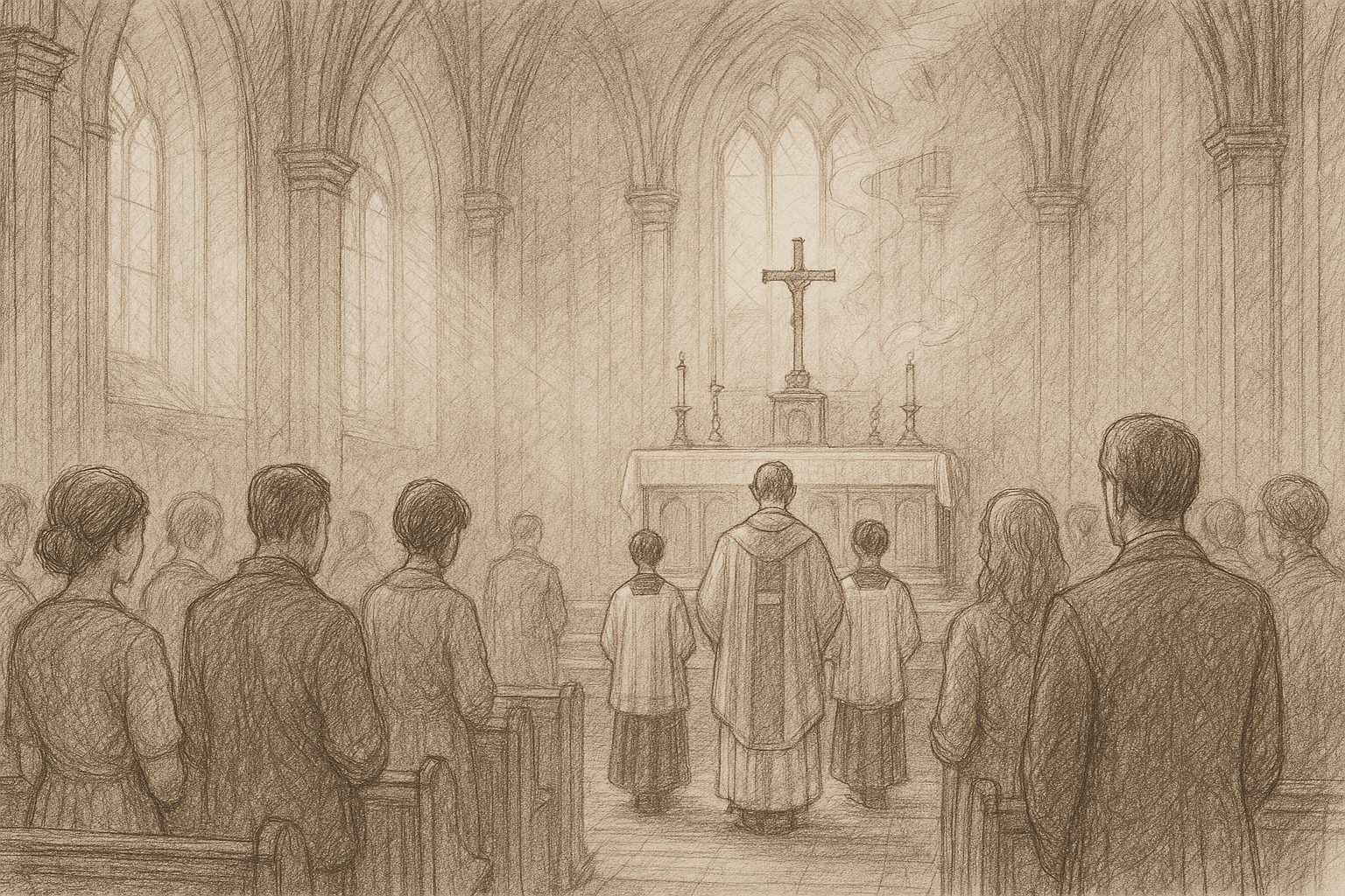 Sketch-style scene of the opening procession at Catholic Mass in a reverent church interior
