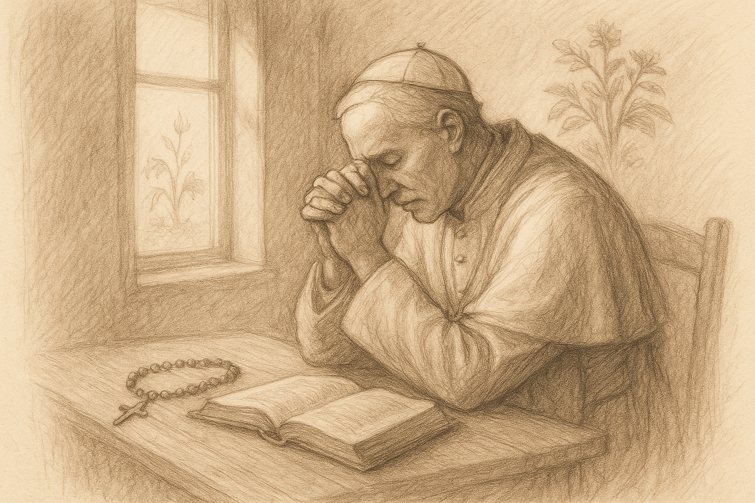 Sketch-style Catholic image of a person in prayer with symbolic light and rosary, reflecting on envy and healing