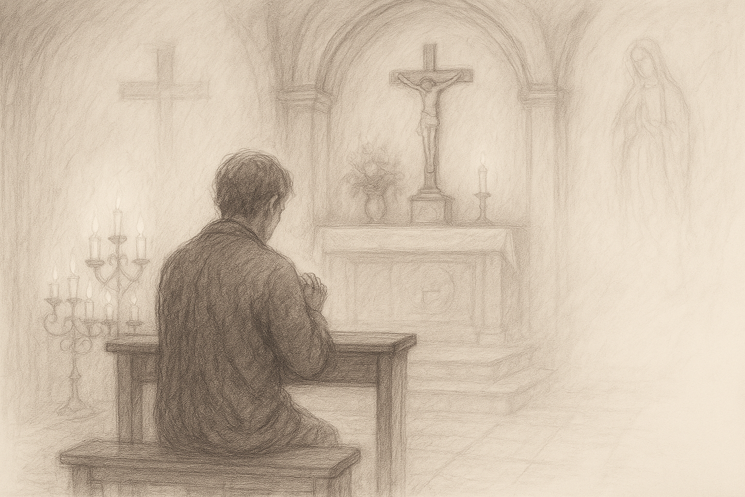 A Catholic believer in prayer before a candlelit chapel, reflecting on envy and grace