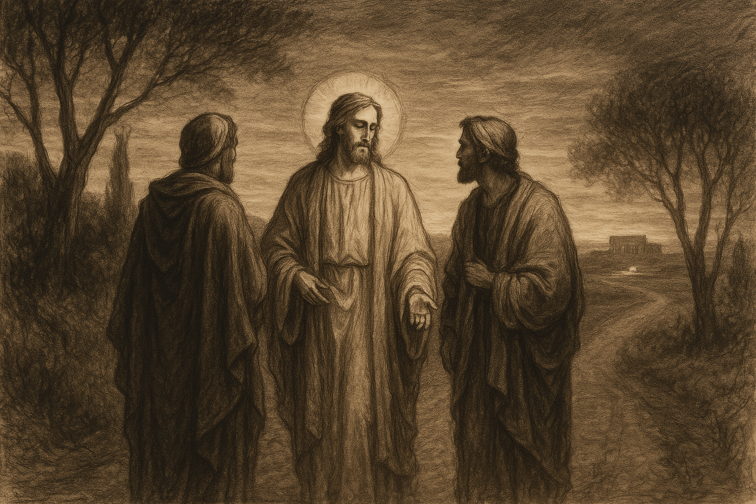 The risen Jesus walking with two disciples on the road to Emmaus at dusk