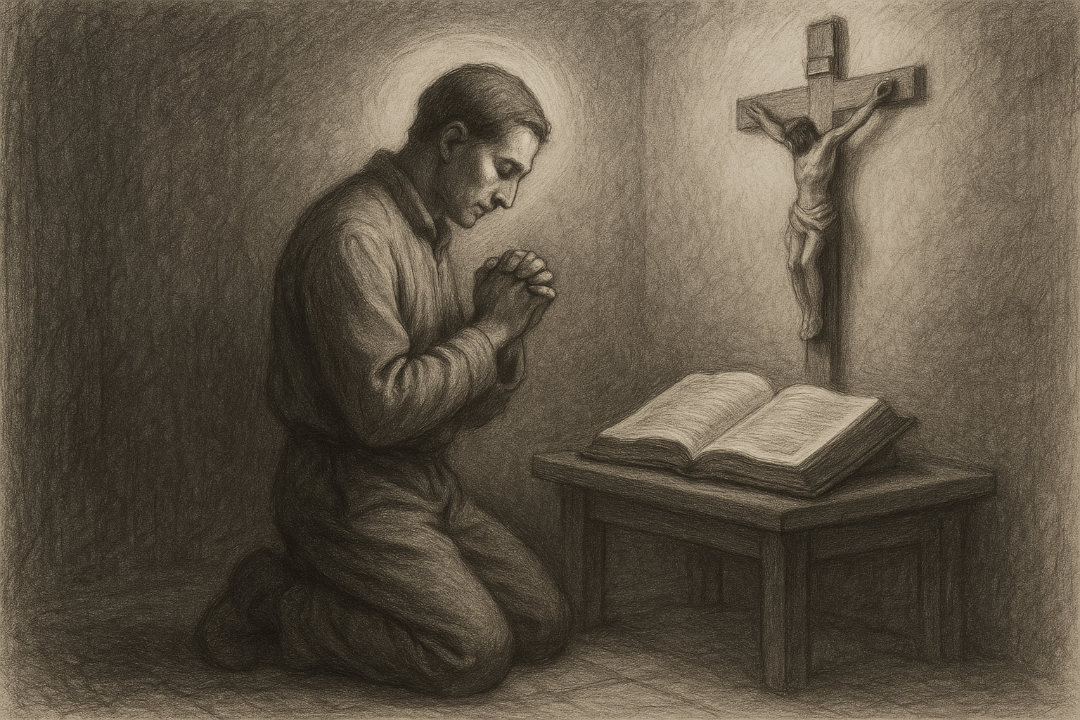 Reverent sketch of a Catholic believer in prayer and charity, symbolizing faith and works
