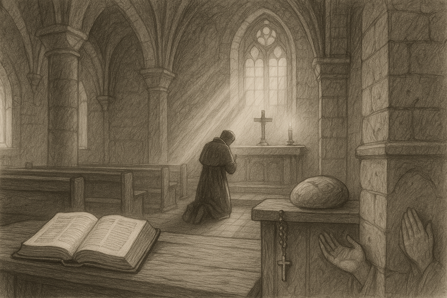 Sketch-style illustration of a kneeling Catholic believer in a quiet church with Bible, rosary, and symbolic signs of prayer and service