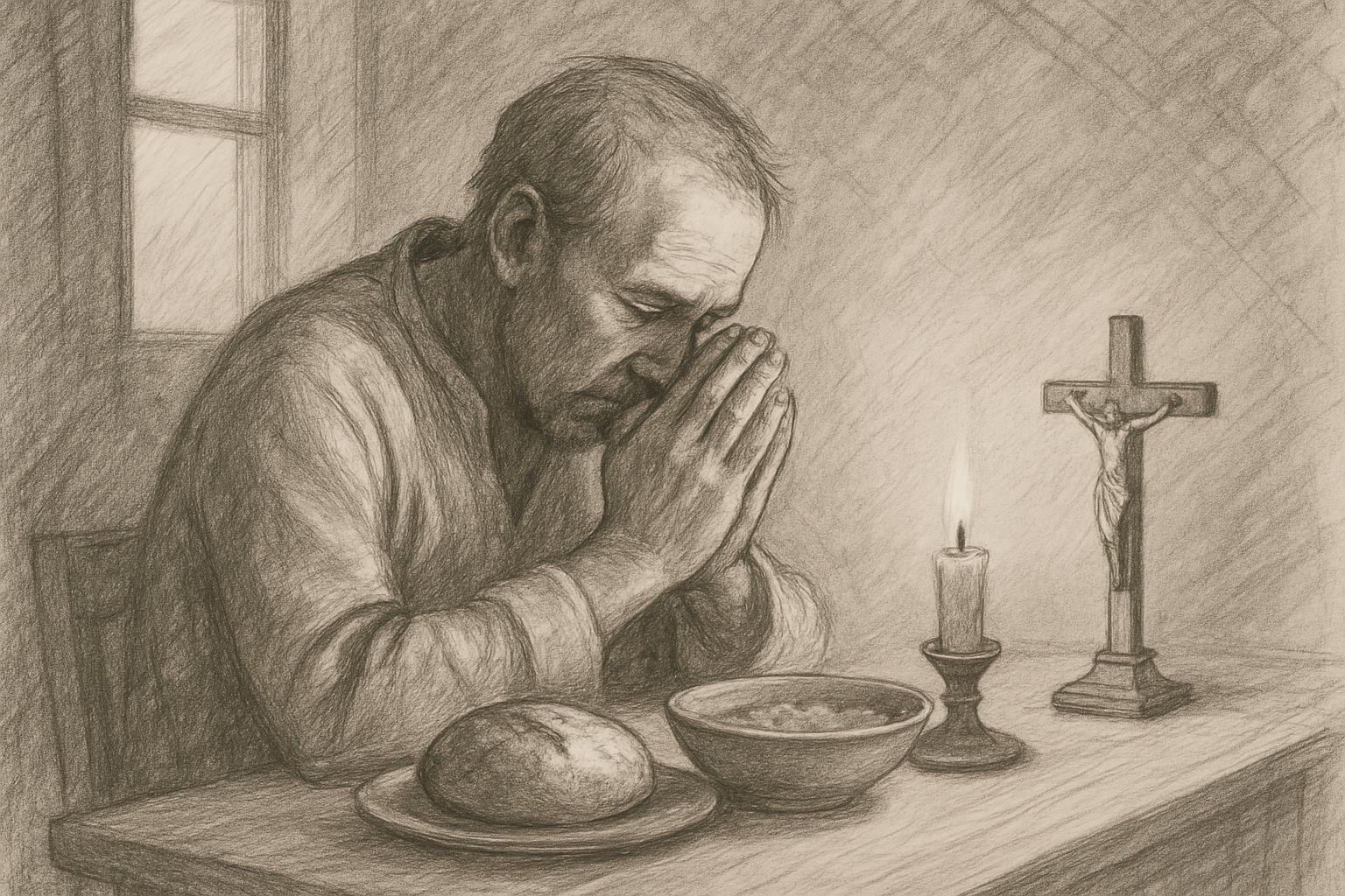 A Catholic in prayer beside a simple meal, reflecting the discipline of fasting