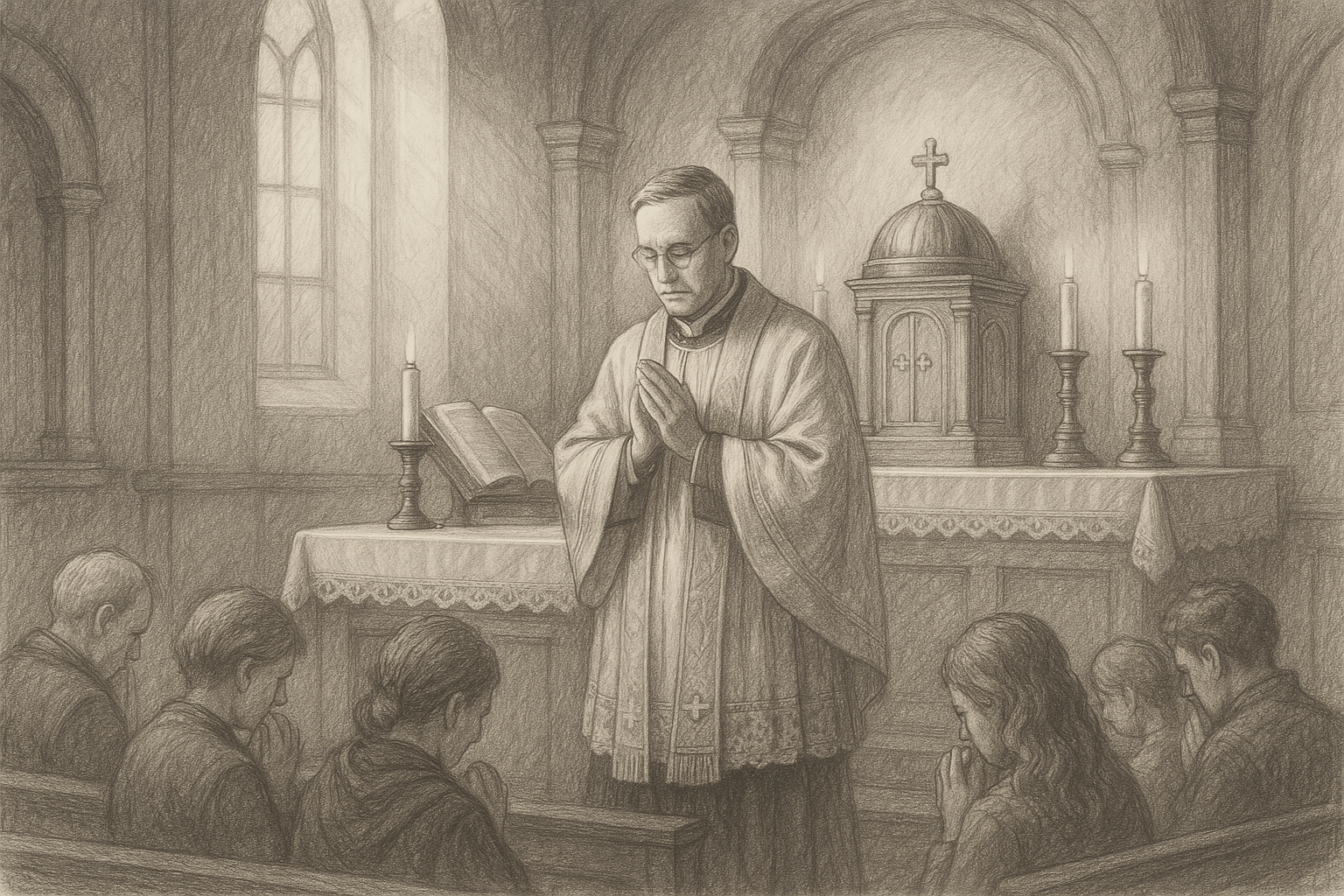 A Catholic priest at the altar in a quiet church, shown in a reverent sketch-style illustration