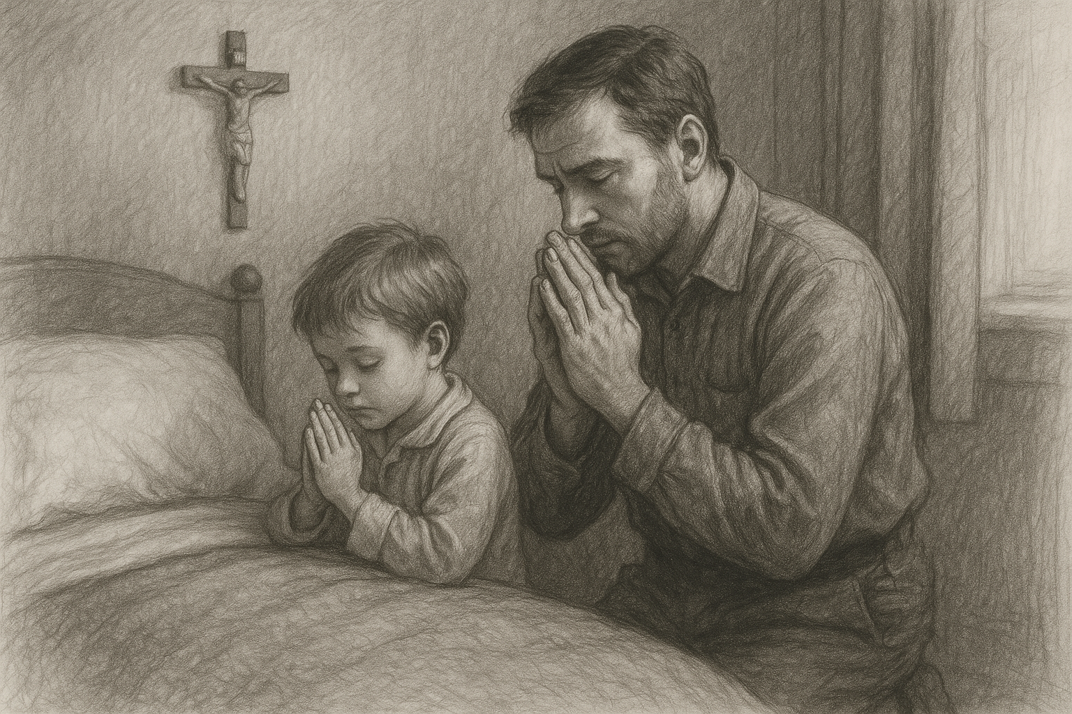 A Catholic father kneeling in prayer beside a child in a quiet home