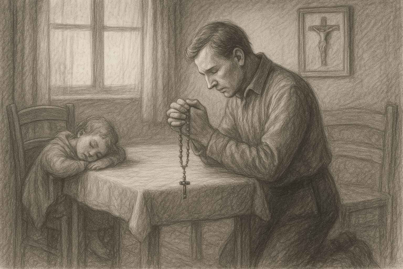 A Catholic father praying quietly beside his family table with a rosary and crucifix nearby