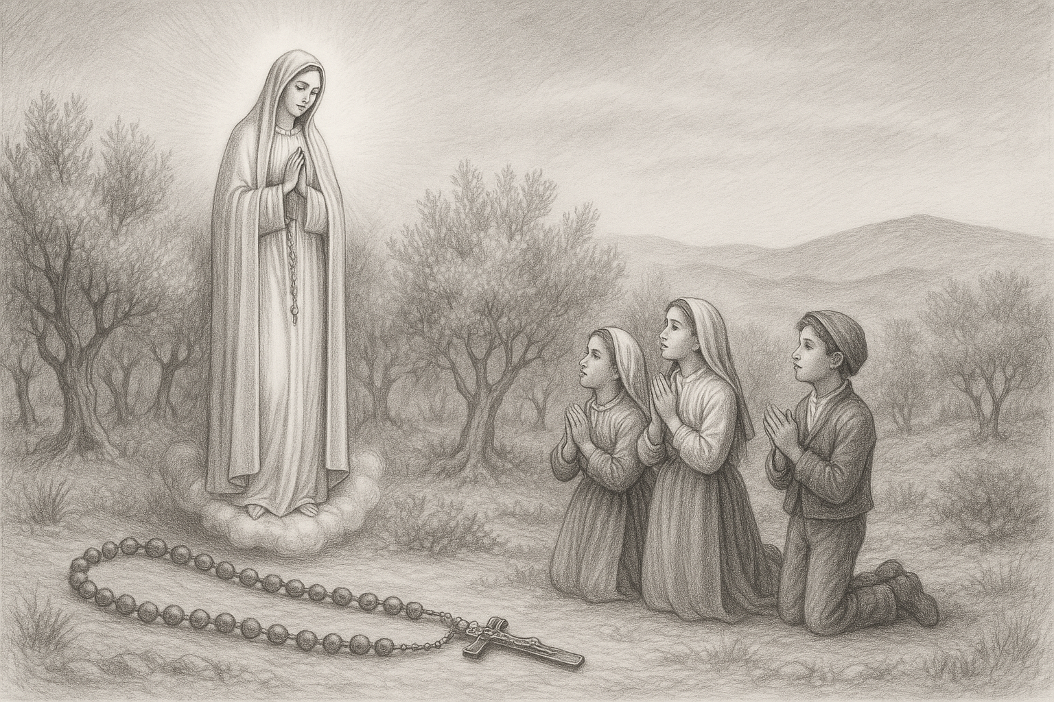 Sketch-style reverent depiction of Our Lady of Fatima appearing to the three shepherd children