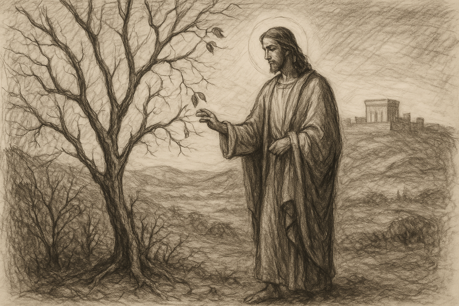 Jesus standing beside a barren fig tree in a reverent biblical scene