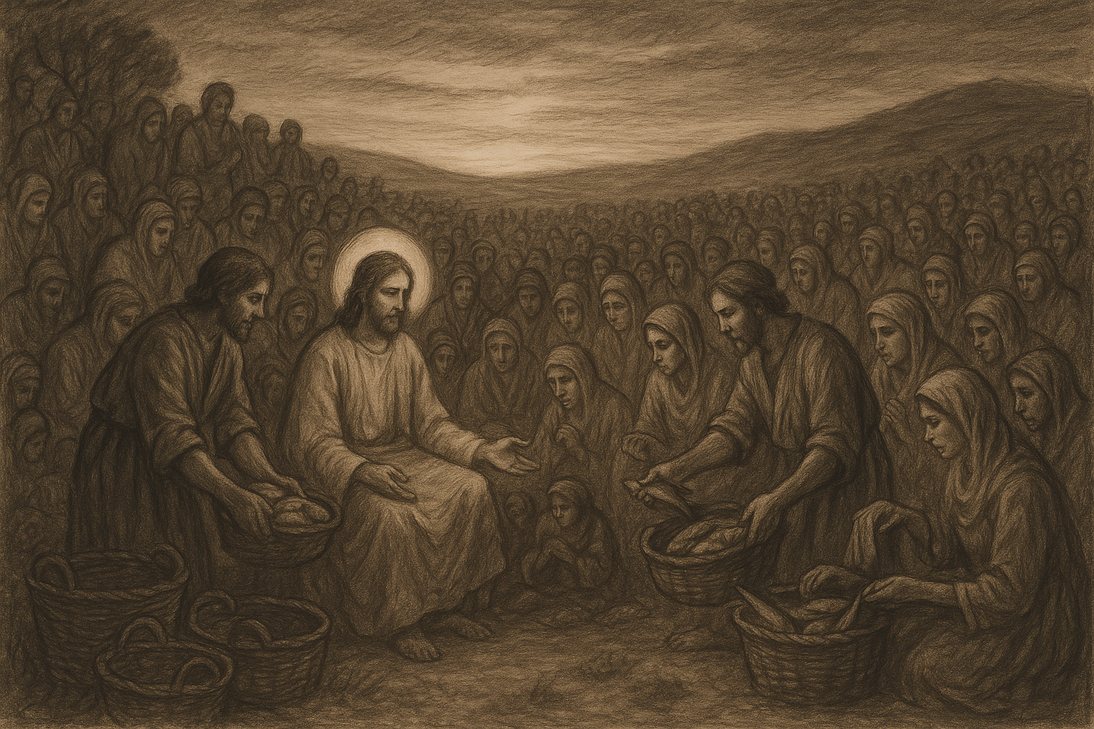 Sketch-style depiction of Jesus feeding the five thousand with loaves and fish on a hillside