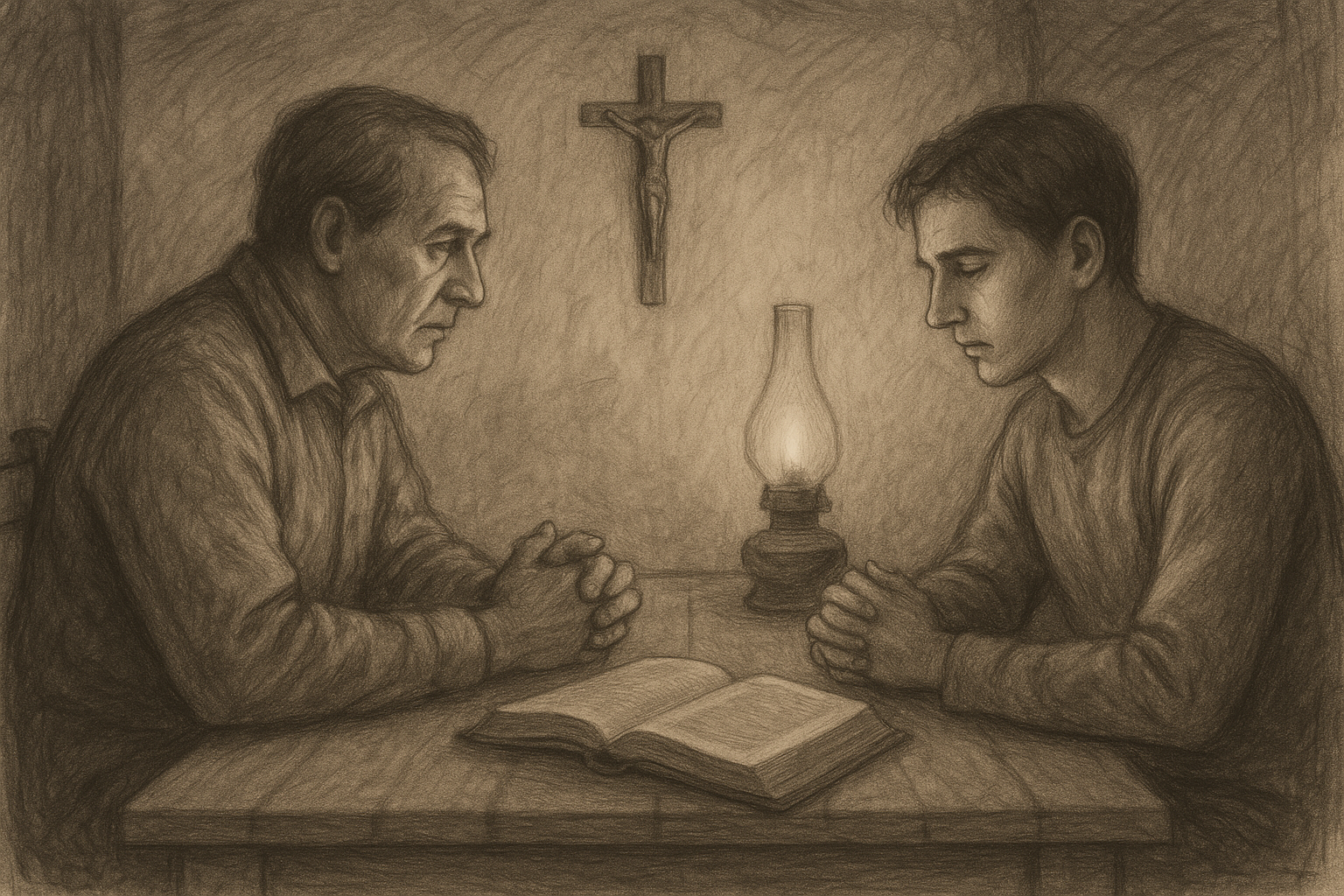A reverent sketch of a family scene marked by quiet reconciliation and prayer in a Catholic home