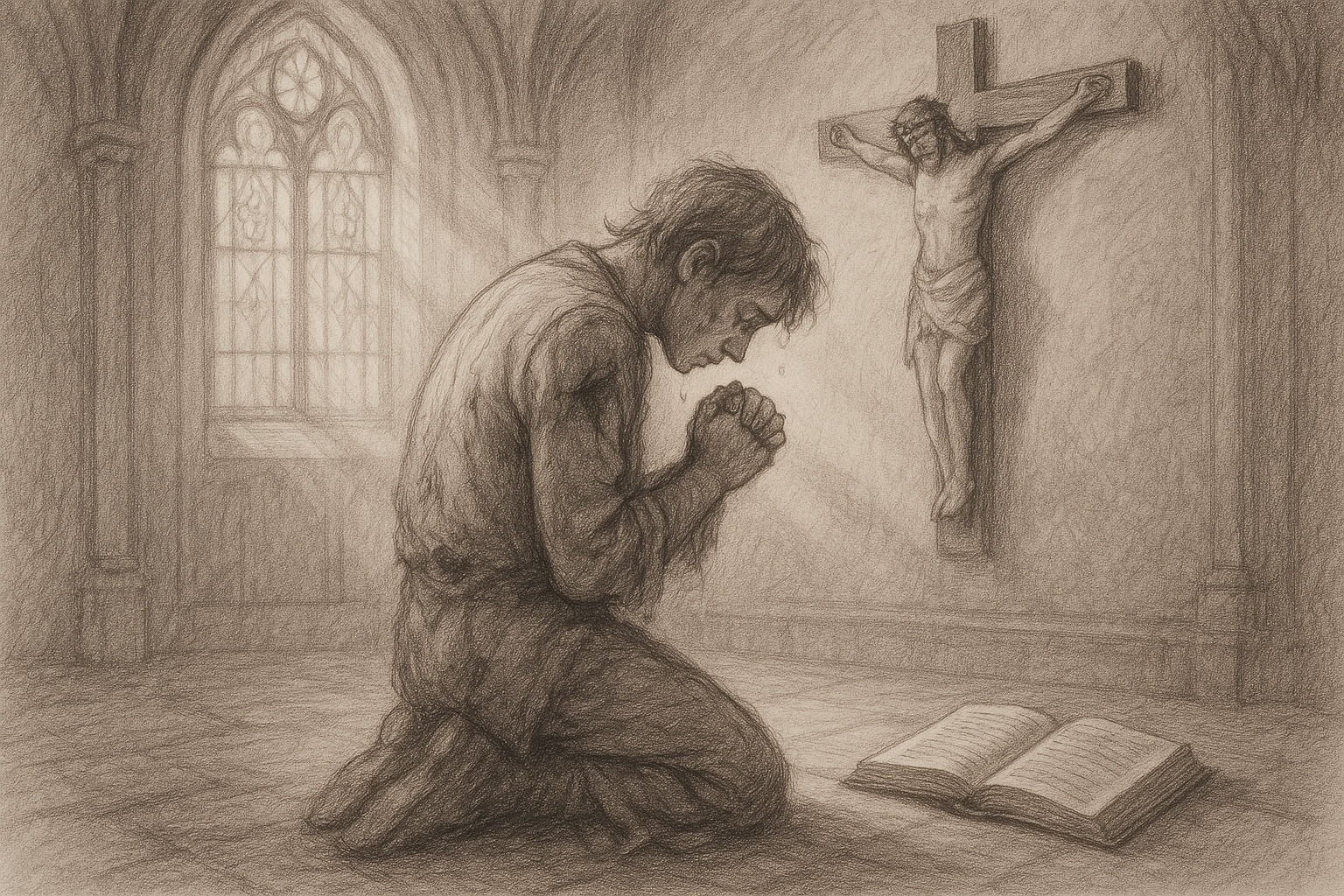 A wounded person praying in a quiet chapel before a crucifix