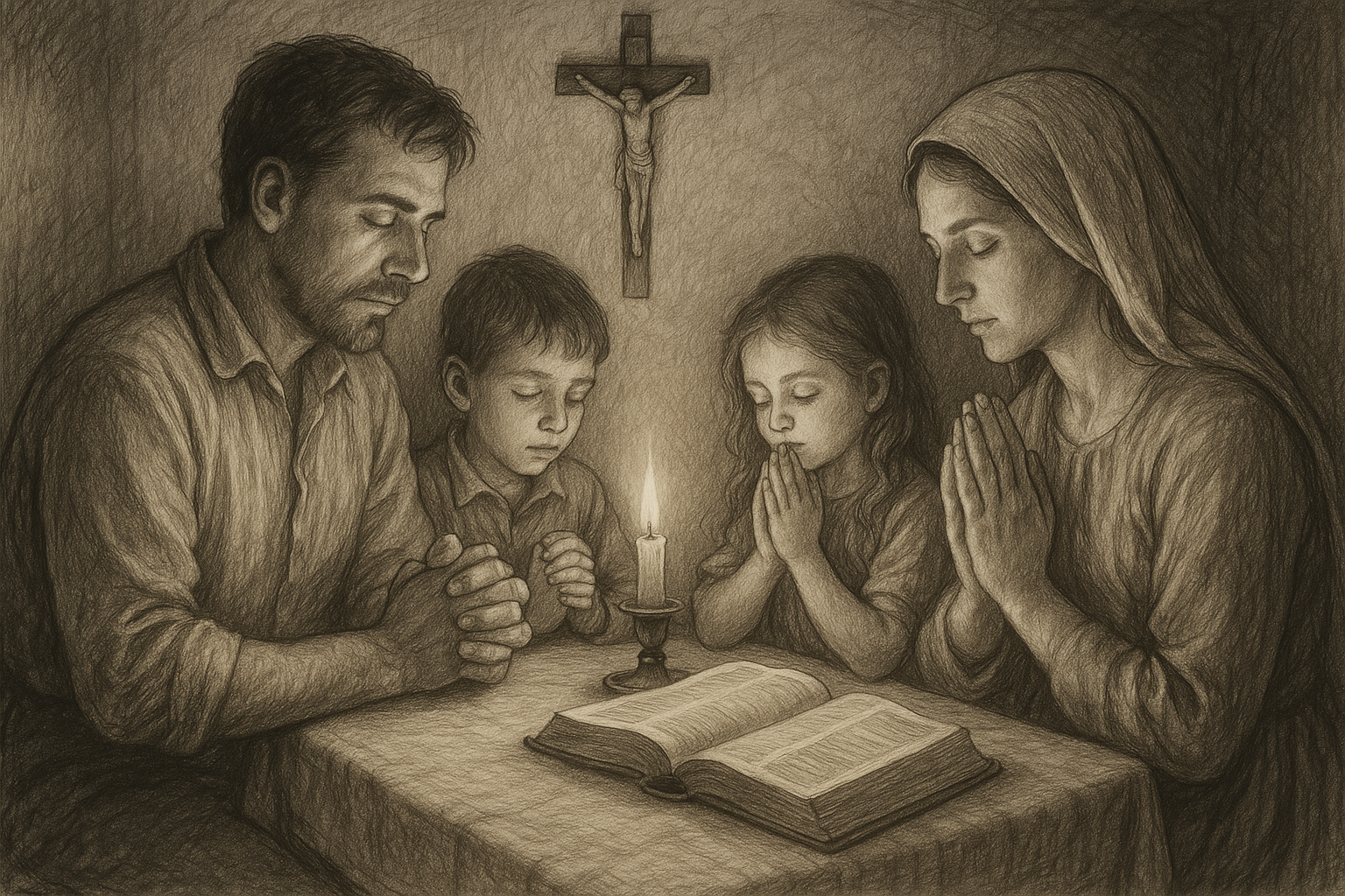 Catholic family praying together at home with an open Bible and crucifix