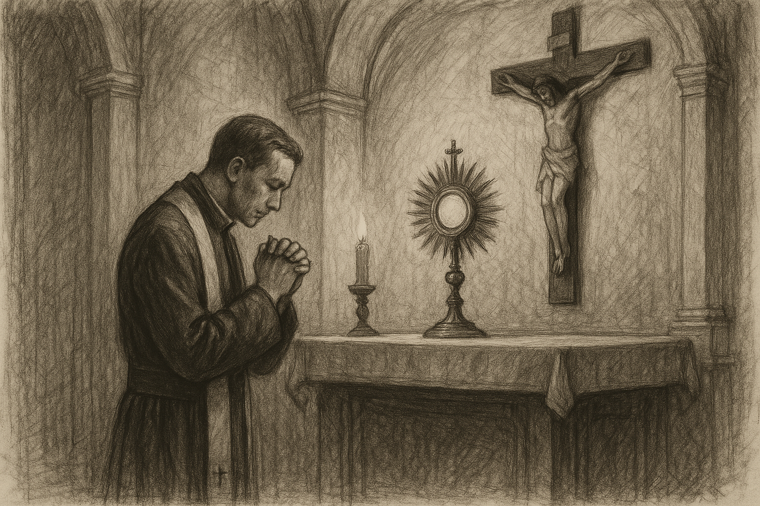 A Catholic priest praying before the Eucharist in a quiet chapel