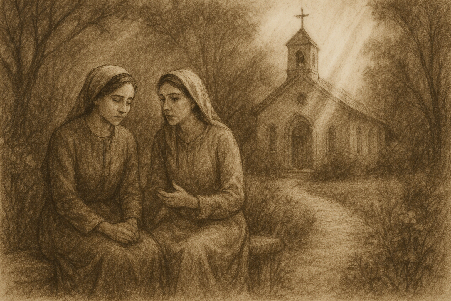 Sketch-style image of two friends in a quiet church garden, reflecting the Catholic meaning of friendship