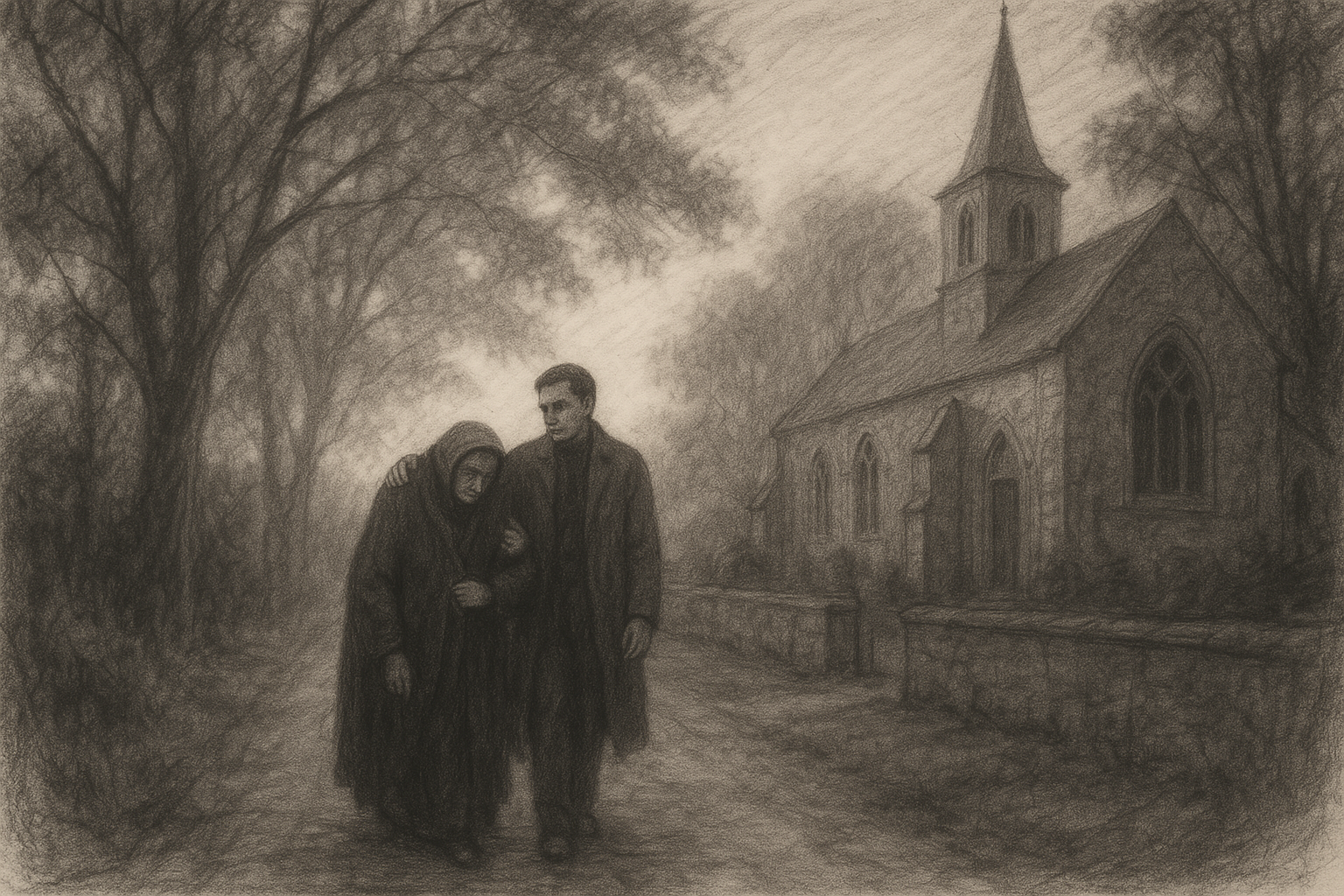 Sketch-style image of two friends walking together beside a church path at dawn