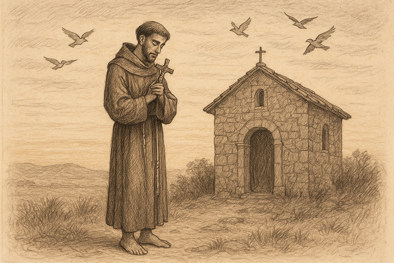 Sketch-style sacred portrait of St. Francis of Assisi before a chapel at dawn
