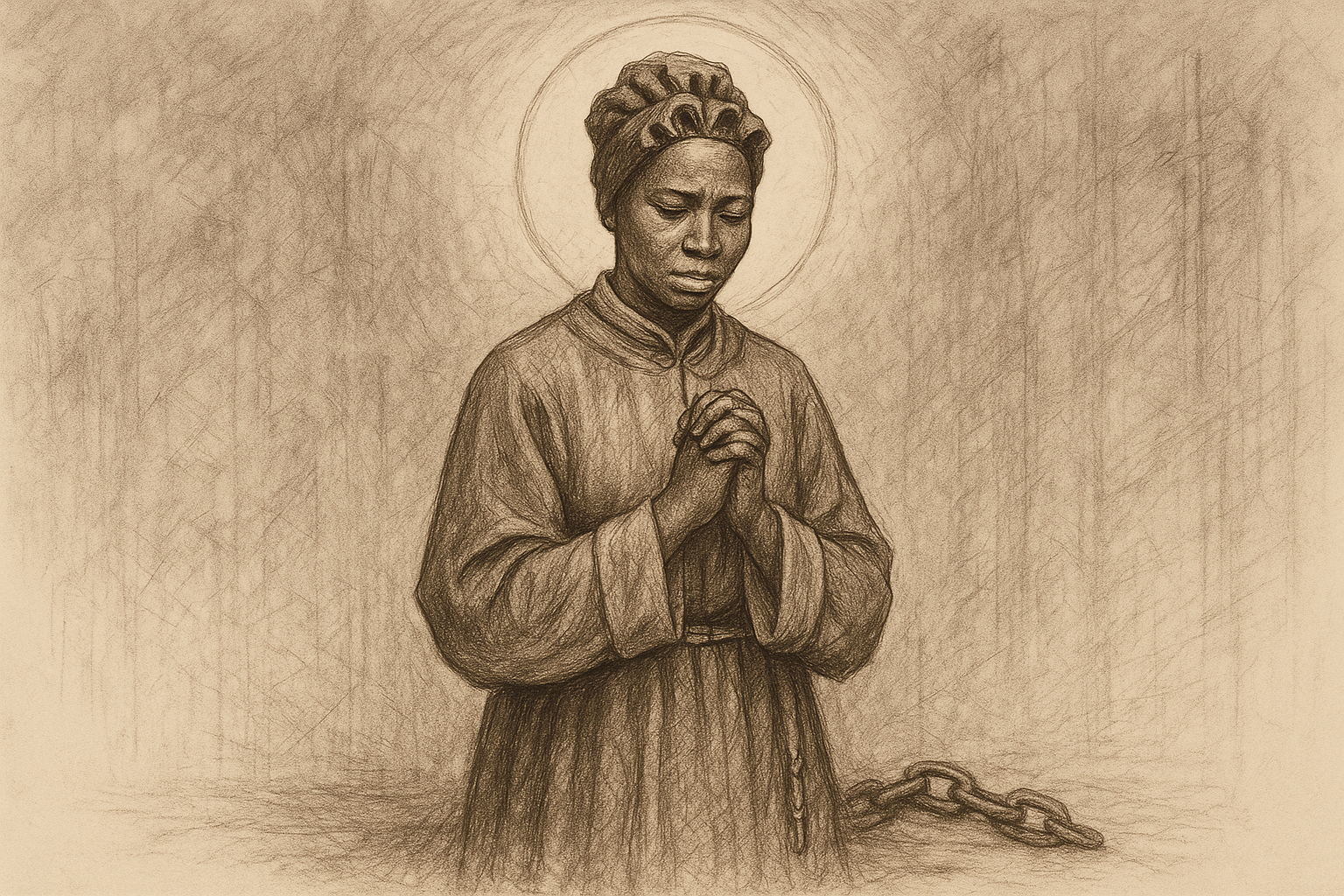 Sketch-style image of St. Josephine Bakhita in prayer with broken chains nearby