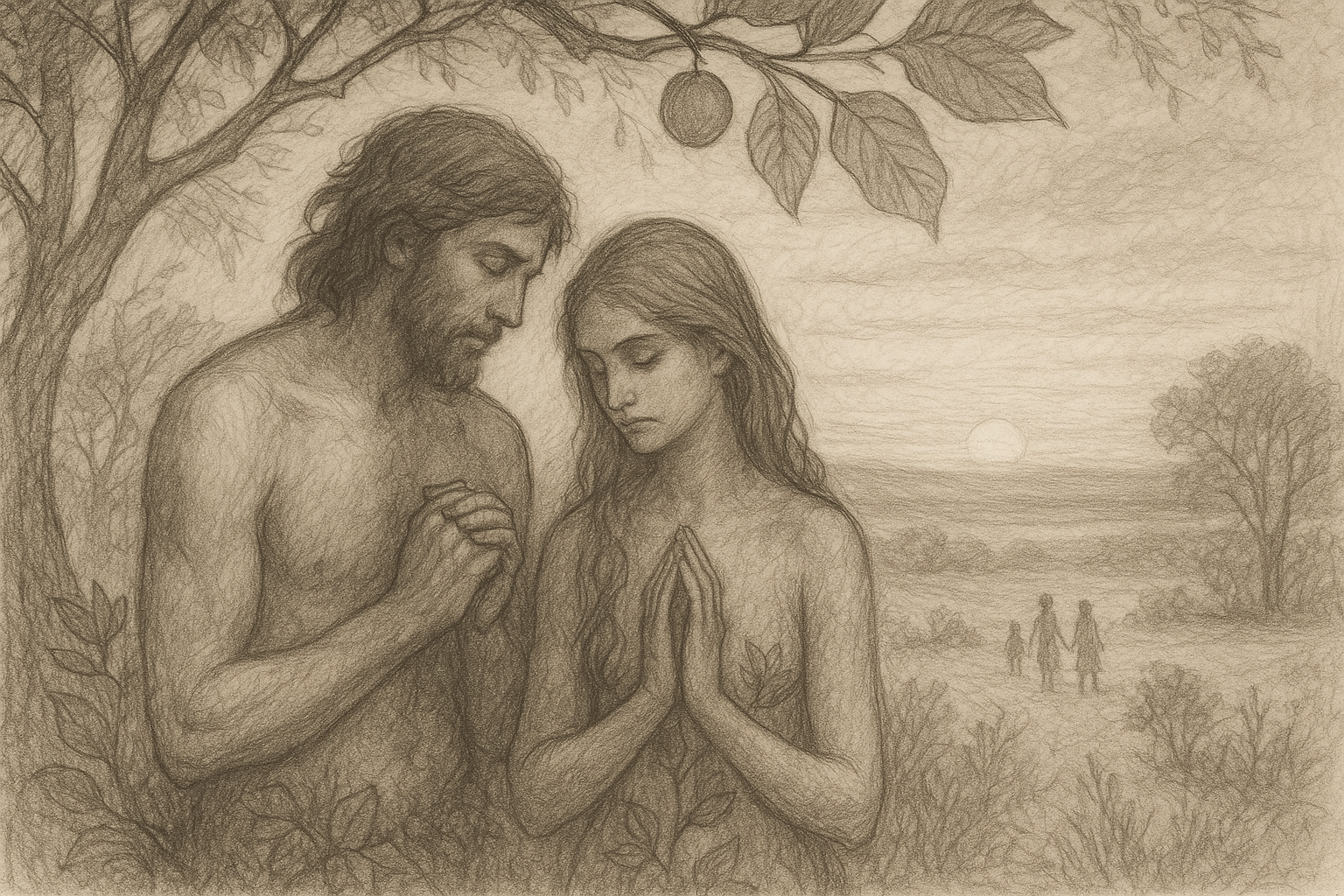 Adam and Eve in Eden with a distant horizon suggesting the growth of the human family