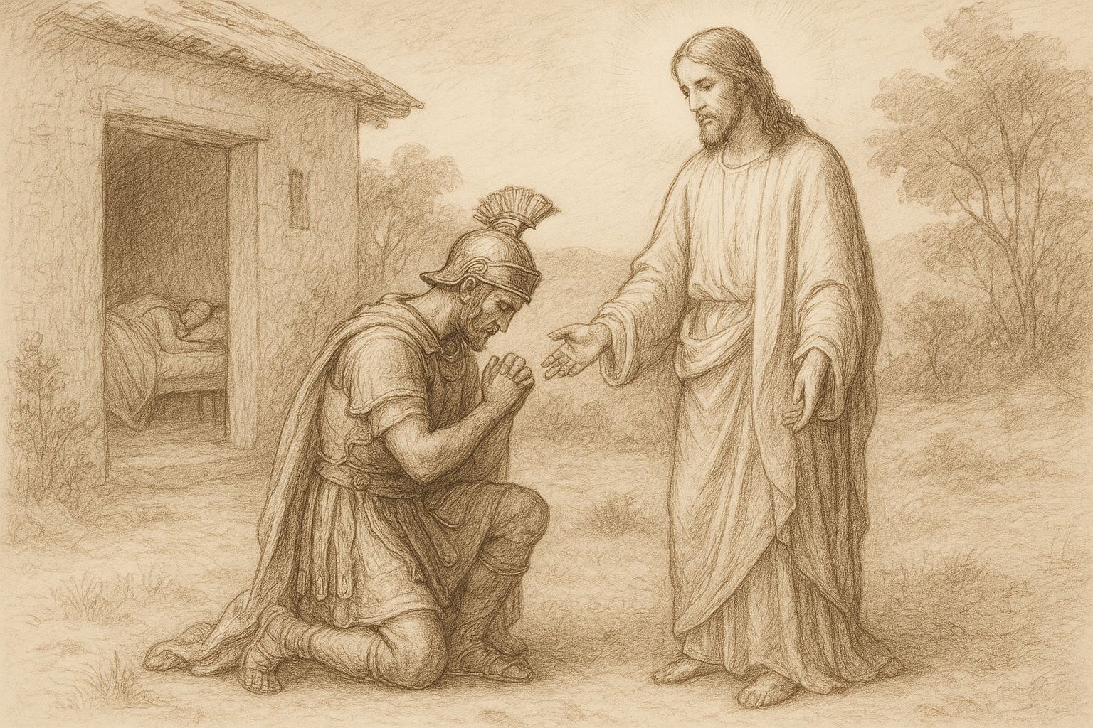 A Roman centurion kneeling before Jesus and asking for healing with humble faith