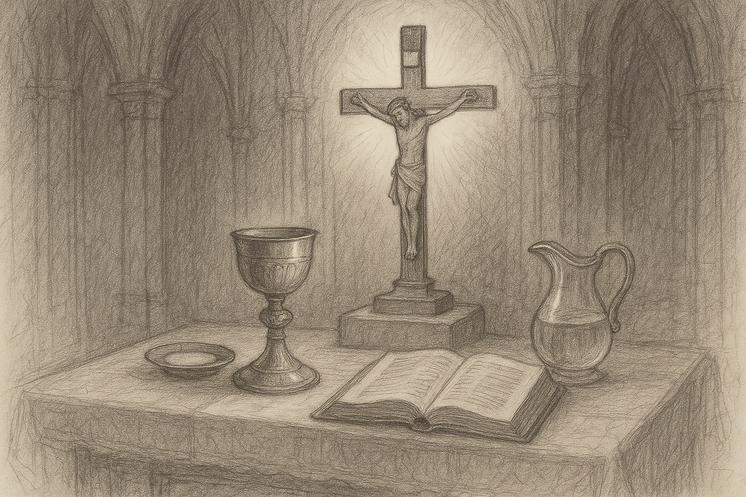 Sketch of a Catholic altar with Eucharistic and baptismal symbols in a reverent cathedral setting