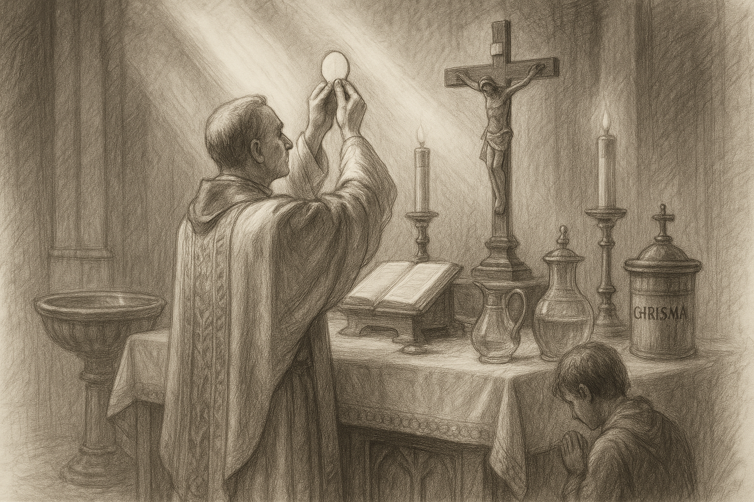 Reverent sketch of Catholic sacramental life with altar, Eucharist, baptismal water, and prayer