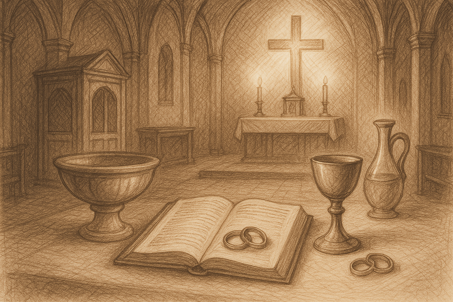 Sketch-style sacred illustration of the seven sacraments represented in a Catholic church setting