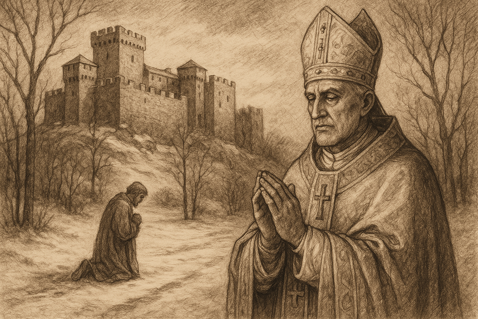 Pope Gregory VII standing in a solemn medieval scene of reform and repentance