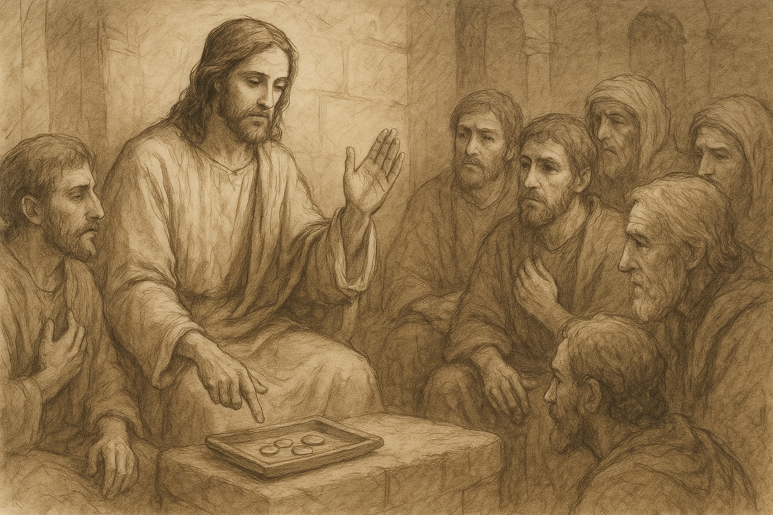 Sketch-style sacred illustration of Jesus teaching the parable of the Talents to His disciples.