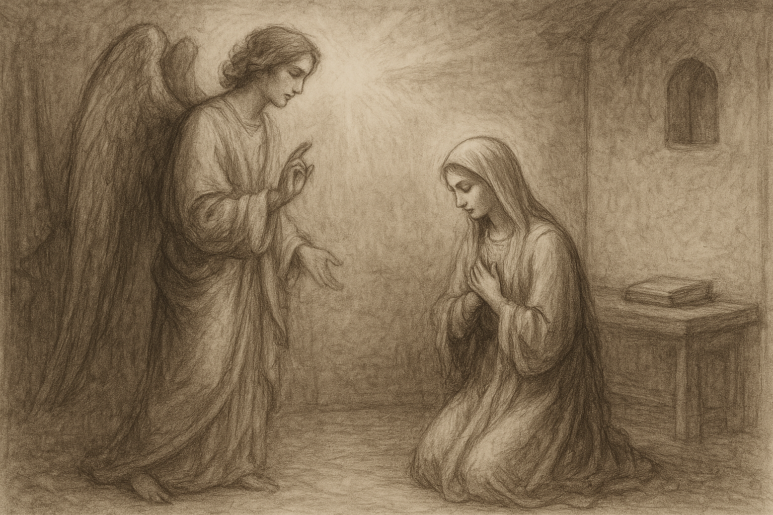 Sketch-style sacred depiction of the Annunciation with the angel Gabriel and the Virgin Mary in a humble Nazareth room