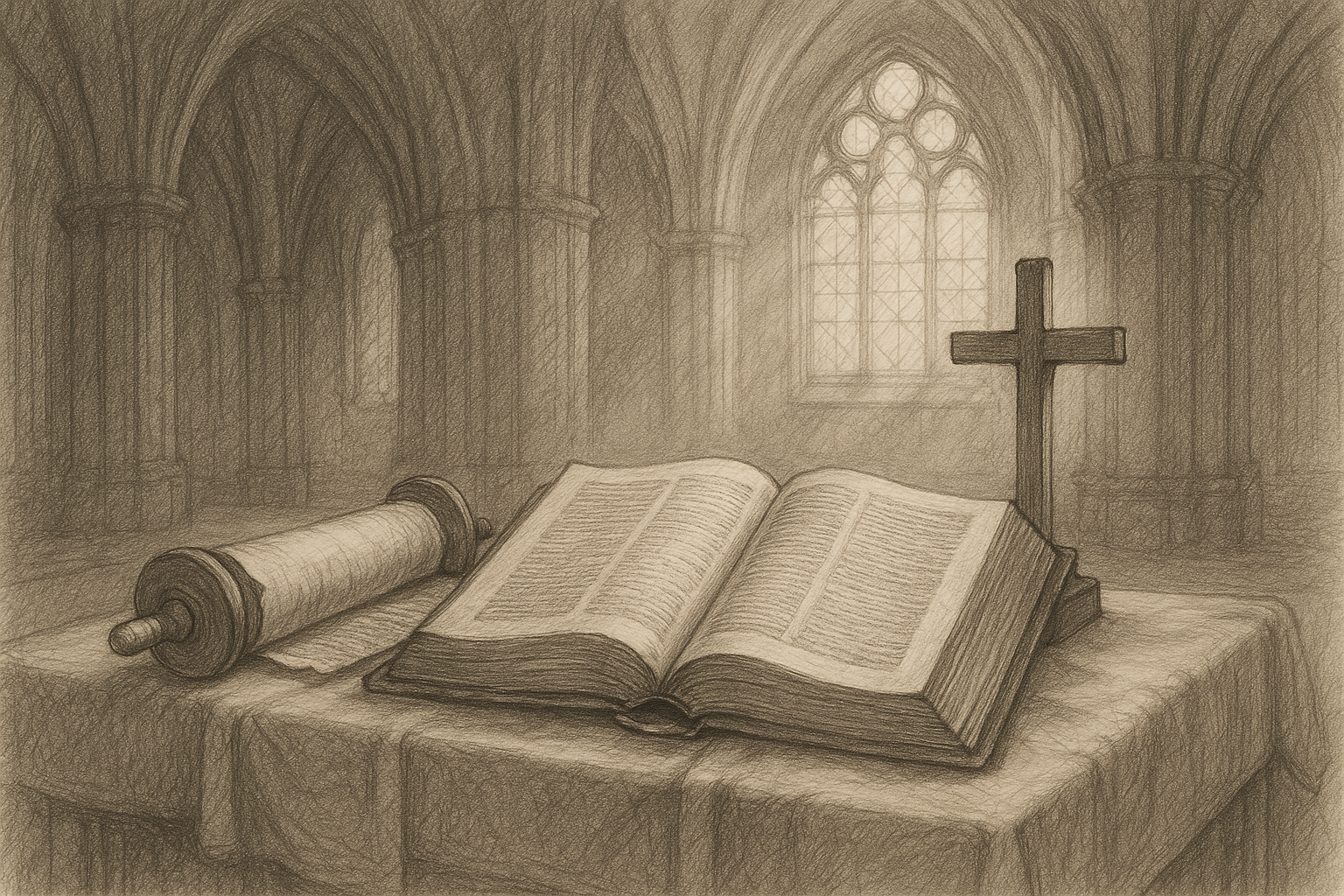 Open Bible and ancient scroll beside a crucifix in a reverent cathedral setting