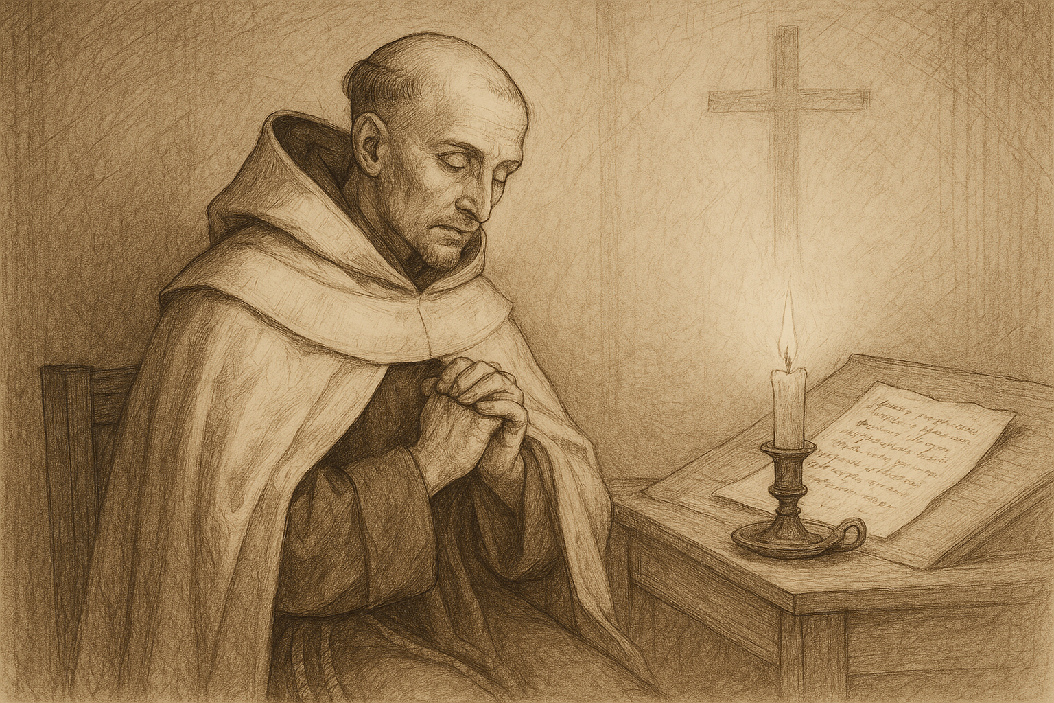 Sketch-style image of St. John of the Cross in prayer with candlelight and a cross in the background
