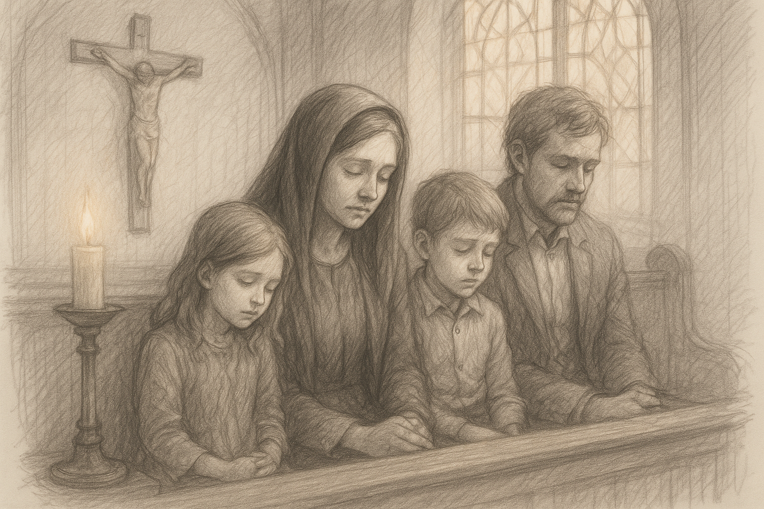 A grieving Catholic family praying quietly in church before a crucifix and candle