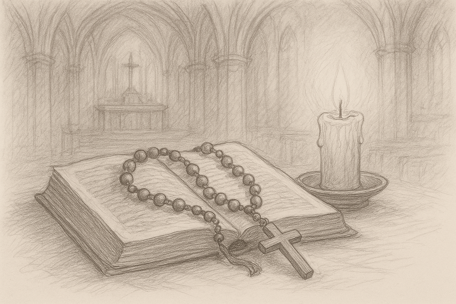Rosary beads resting beside an open Bible and candle in a reverent sketch-style devotional scene