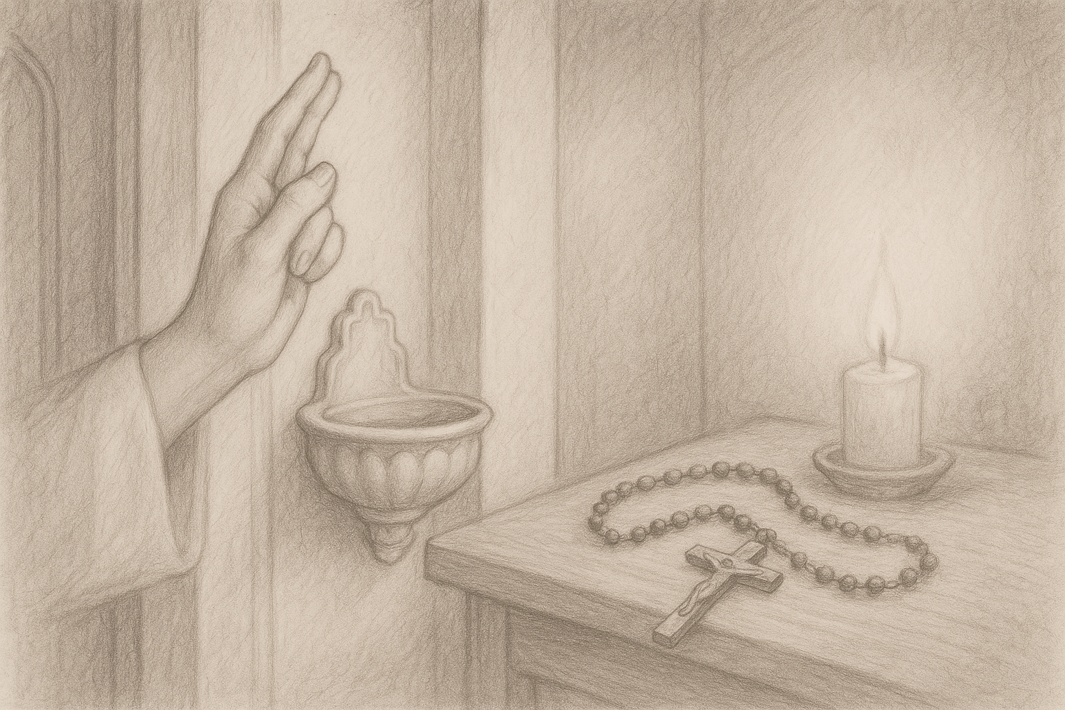 A Catholic prayer scene with holy water, a crucifix, and a rosary in a reverent home setting