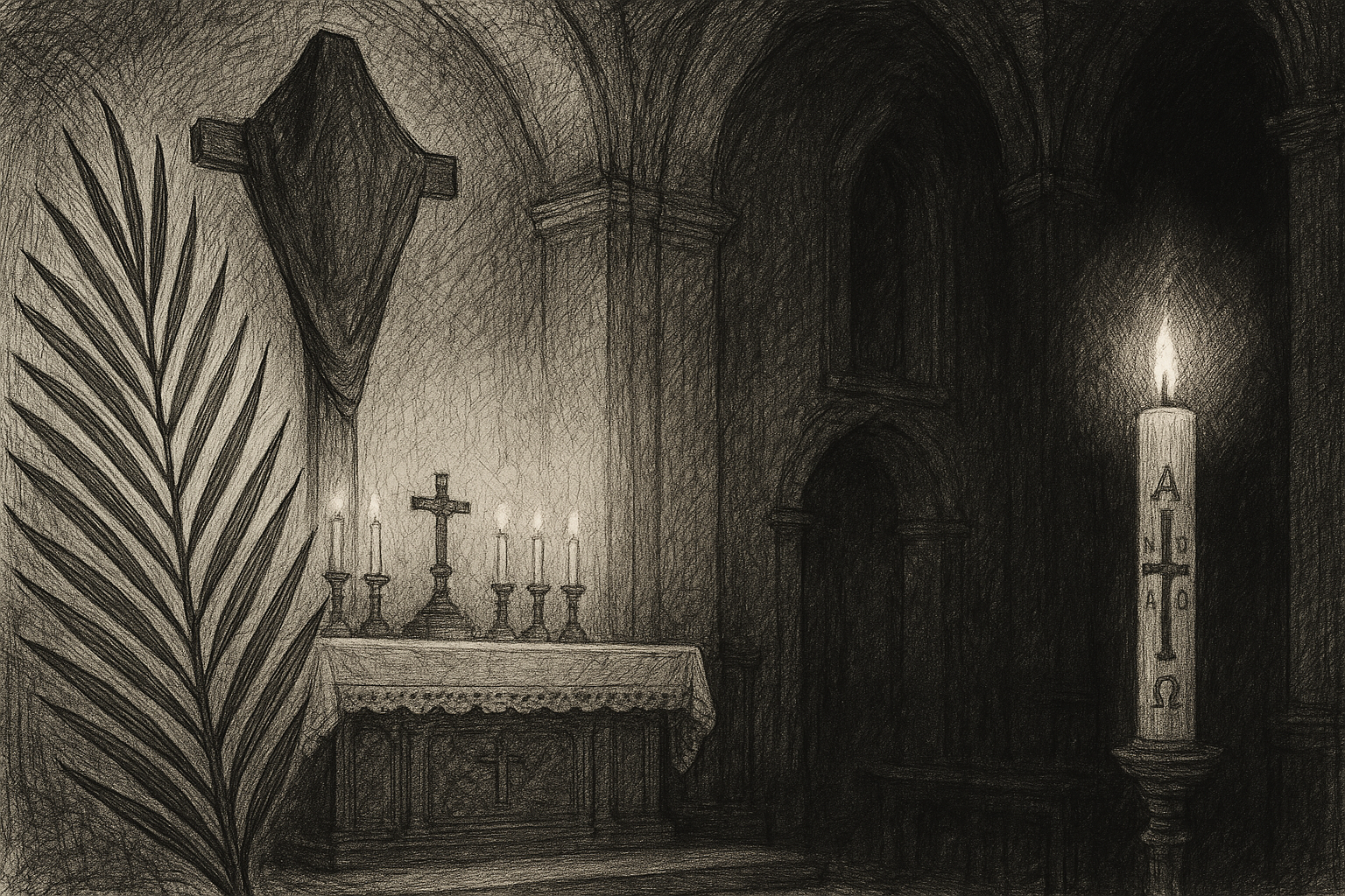 Sketch-style sacred image of Holy Week liturgy with palms, crucifix, candles, and Paschal candle in a reverent church interior