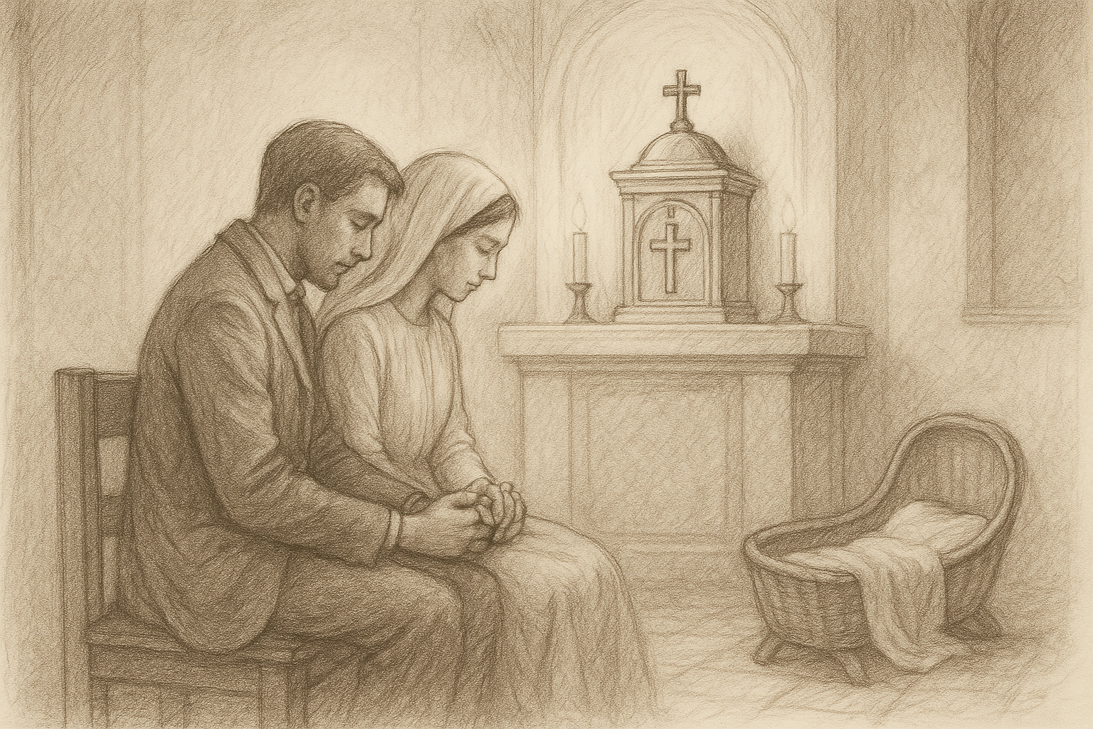 A Catholic couple praying in a chapel as they discern infertility and hope