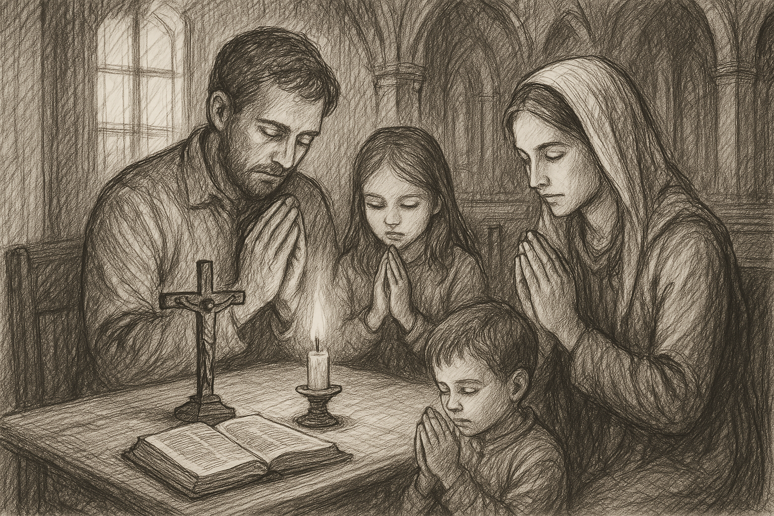 A Catholic family praying in hope beside a candle, crucifix, and open Bible