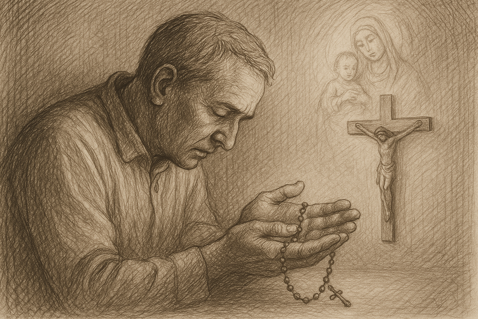 A Catholic believer praying the Rosary with beads in hand in a reverent, softly lit setting