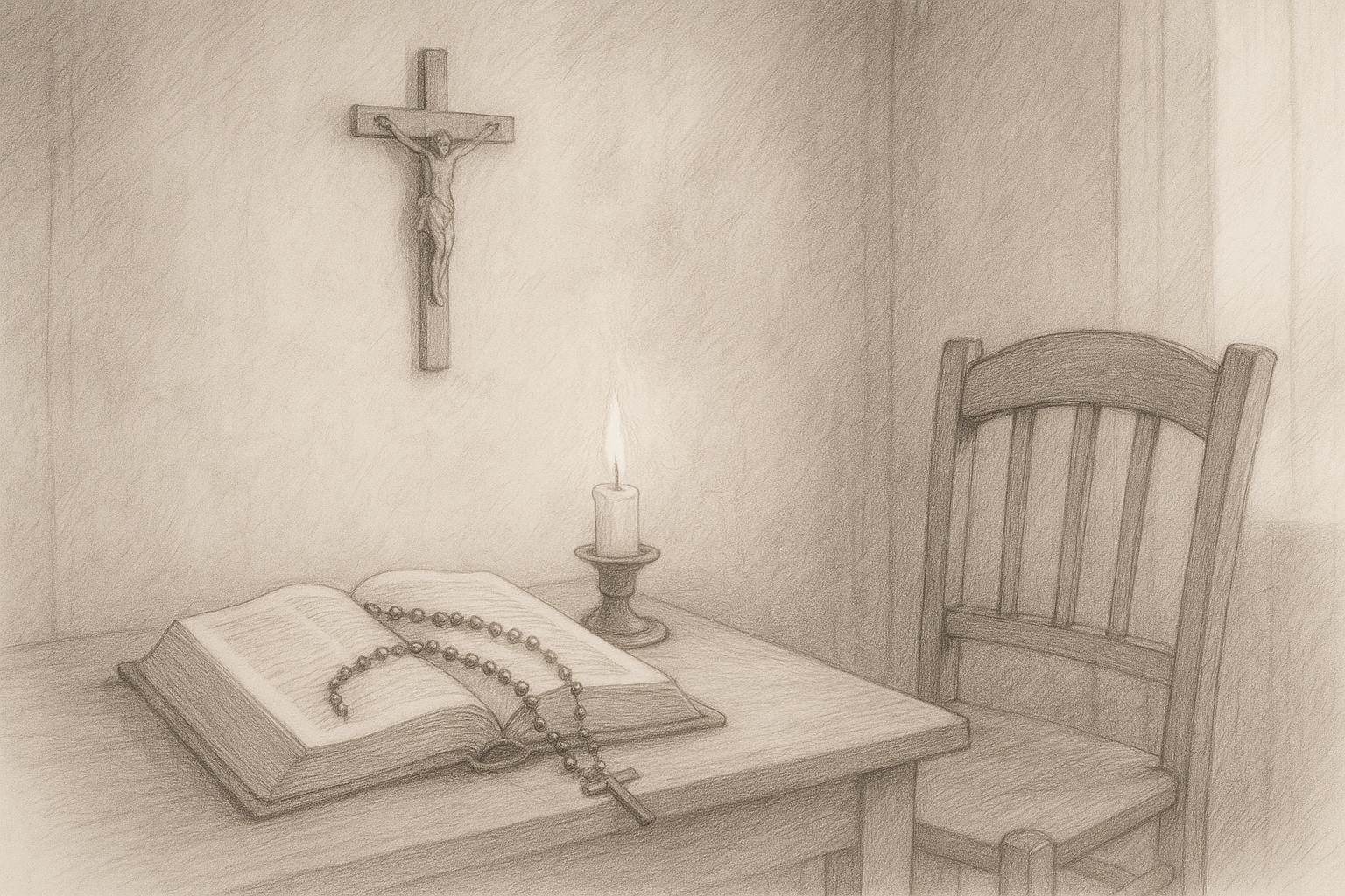 A Catholic prayer corner with an open Bible, crucifix, rosary, and candle in soft morning light