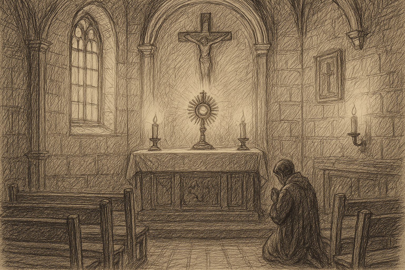A Catholic kneels in silent prayer before the exposed Eucharist in a reverent chapel