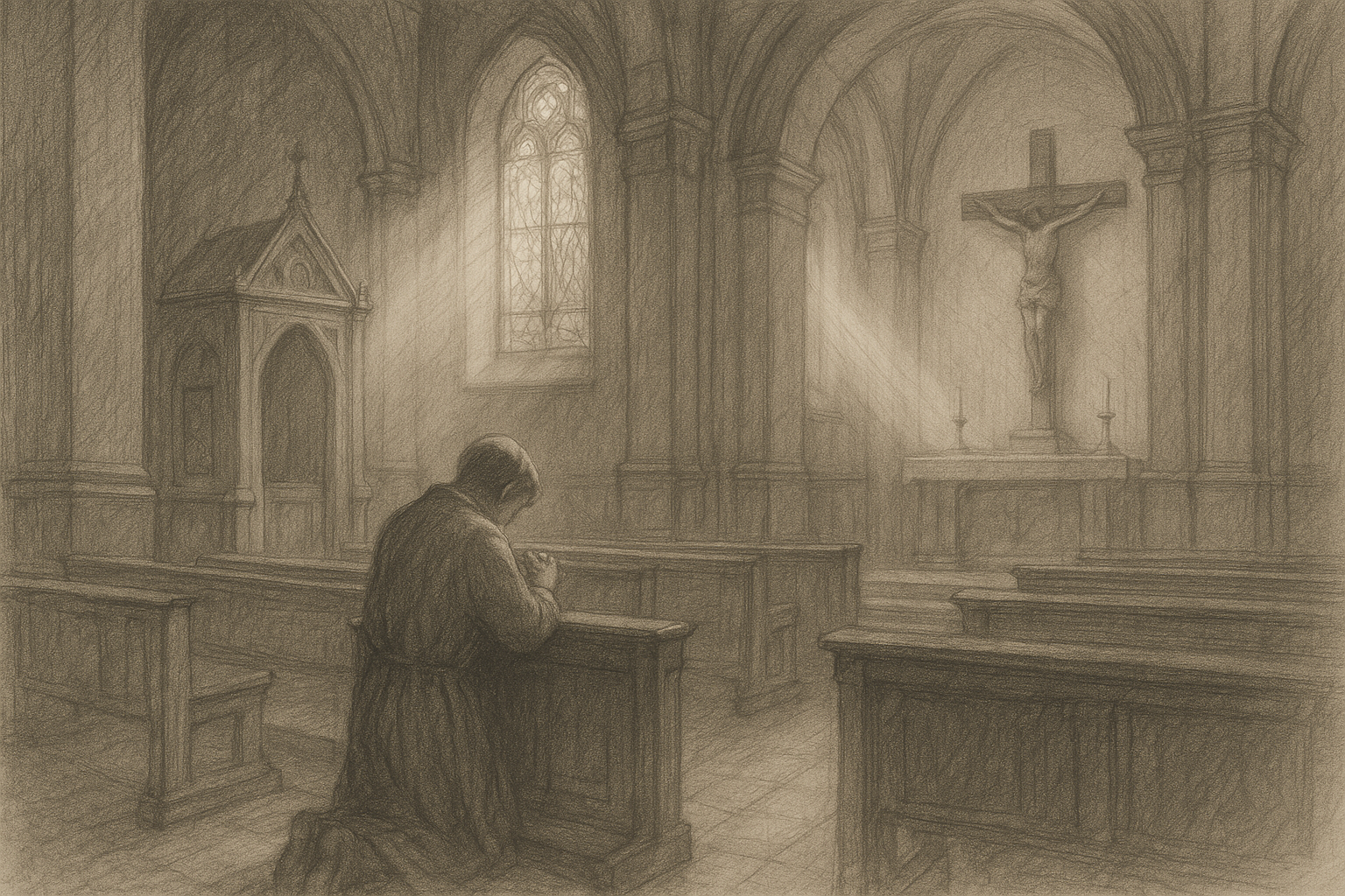 A reverent sketch of a Catholic church interior with a kneeling penitent and soft light near the altar