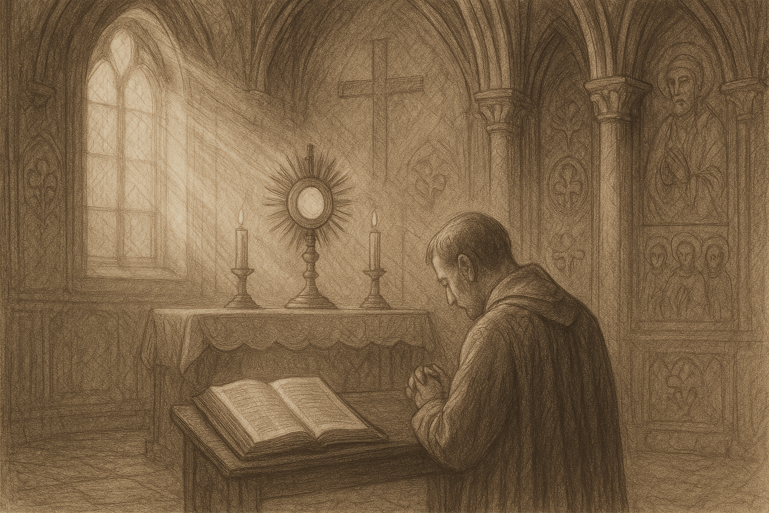 Reverent sketch of a priest praying in a cathedral before the Blessed Sacrament