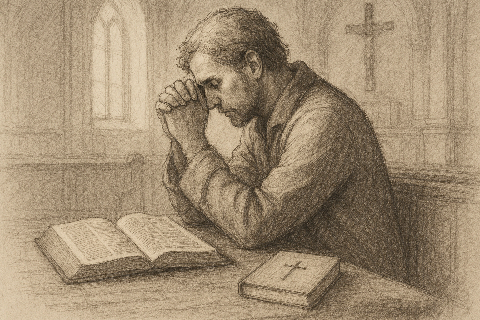 A Catholic man or woman discerning a tattoo in prayer beside an open Bible and sketchbook