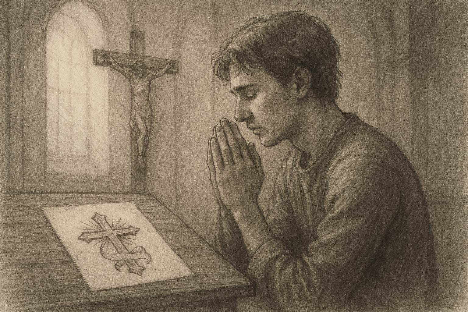 A Catholic young adult praying beside a sketch of a tattoo design in a reverent chapel setting