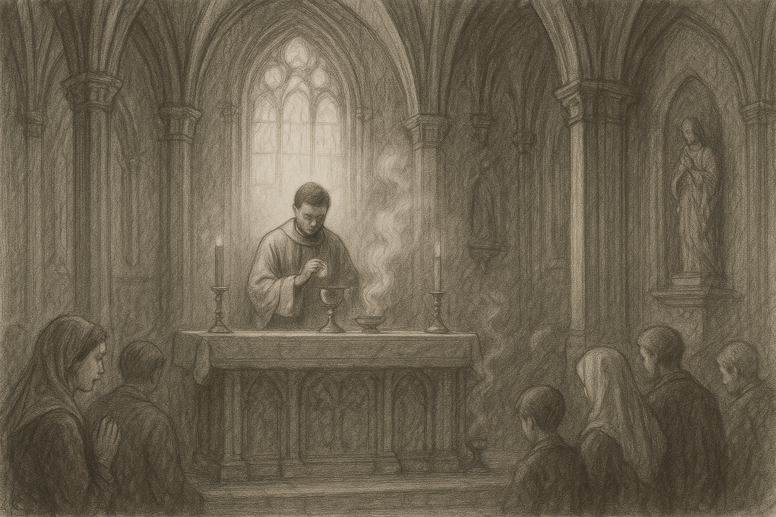Sketch-style illustration of the Liturgy of the Eucharist at the altar in a Catholic church