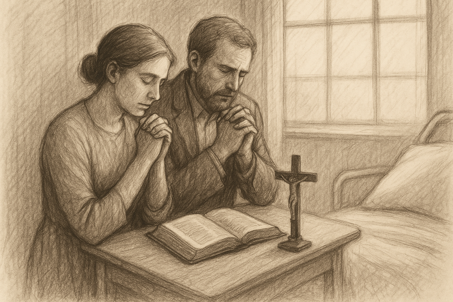 A praying Catholic couple before a crucifix and Bible, drawn in a reverent sketch style