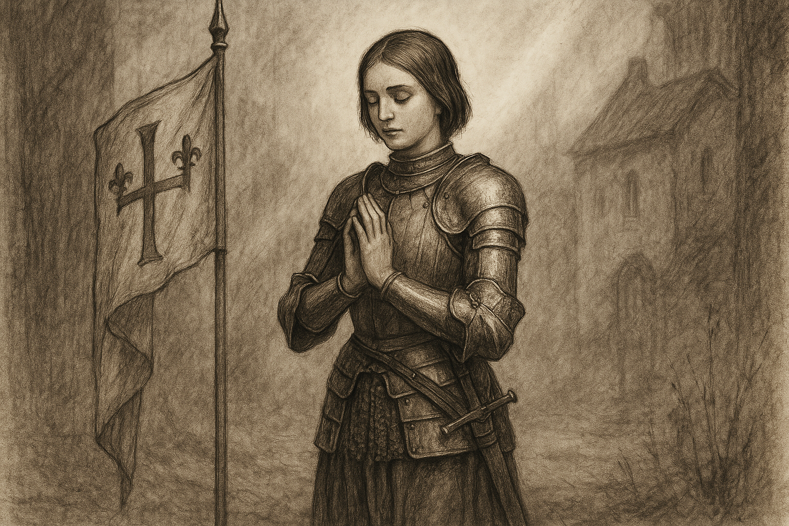 Sketch-style reverent depiction of St. Joan of Arc praying in armor